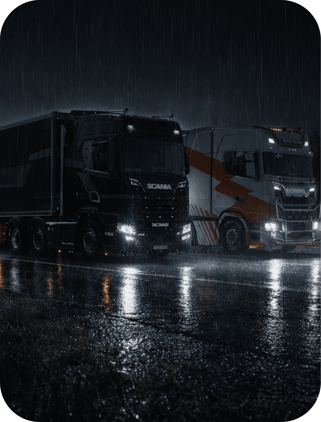 A convoy of trucks driving together at night.