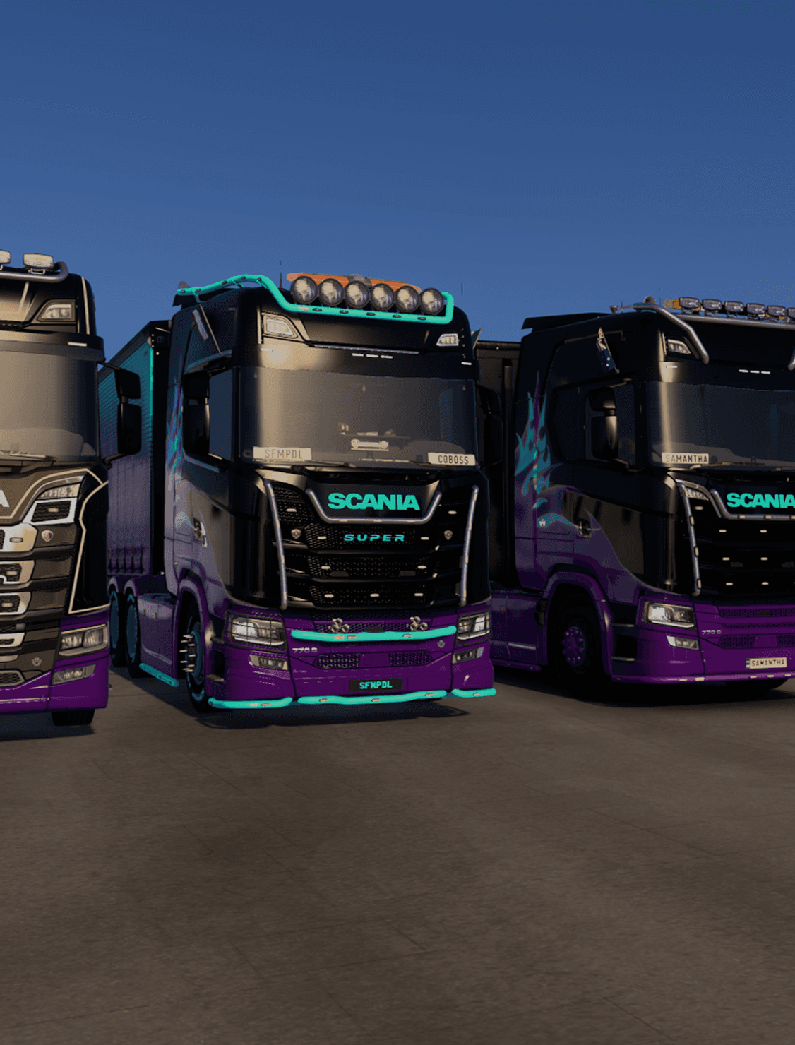 A line of trucks staged in the yard.